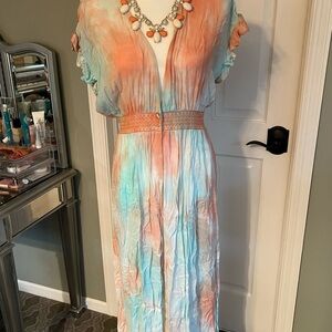 Long Multi-Color Duster or Cover Up-Size Medium-Necklace Included!
